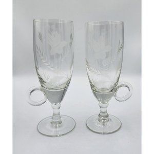 Set Two Irish Coffee Cordial Glass Frosted Gray Floral/Wheat on Bowl Clear Glass
